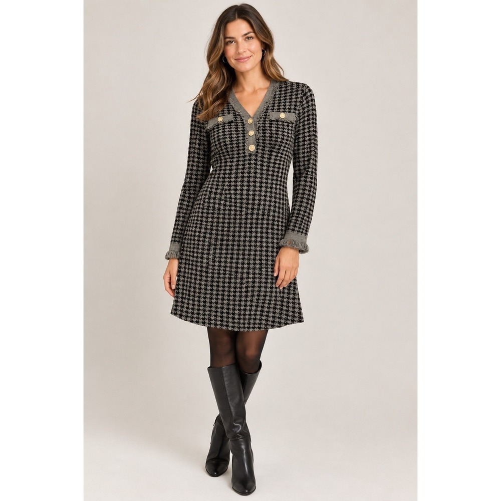 Nanette Lepore Sweater Dress Houndstooth Fringe Pearl Button Black Gray Medium